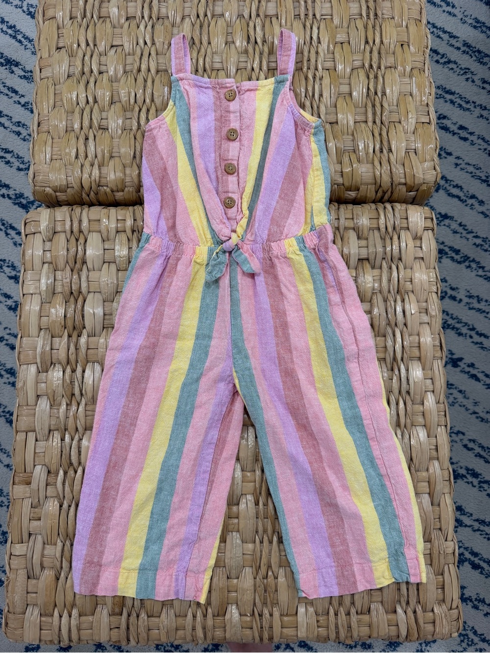 Osh Gosh 5T Kids Striped Tie-Front Jumpsuit - Pastel Pink/Yellow/Green